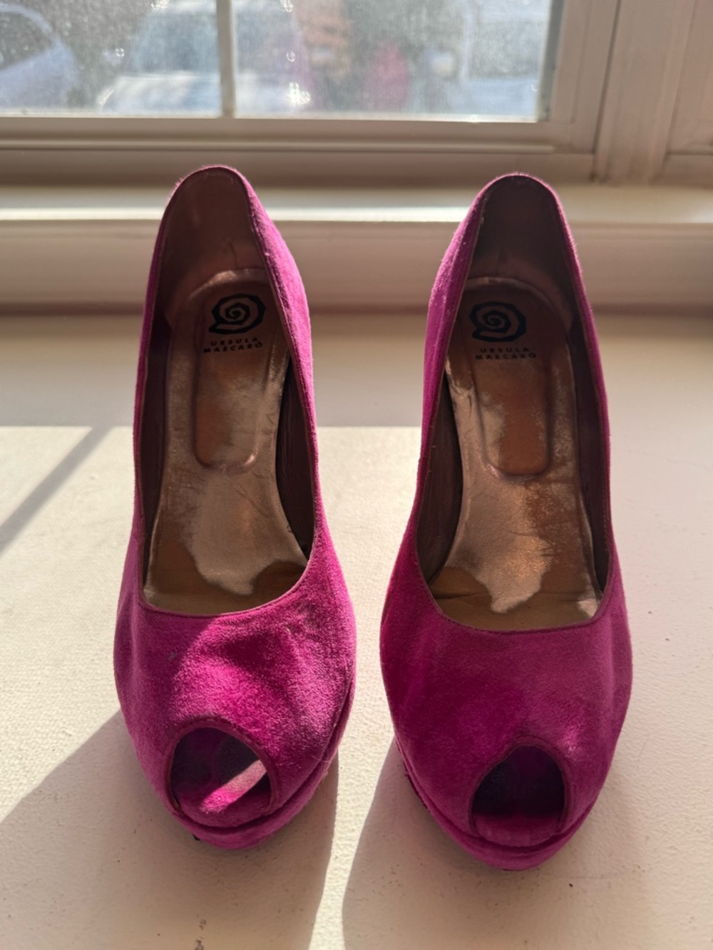Ursula Mascaró Pink Suede Peep Toe Platform Heels Stiletto Size 38